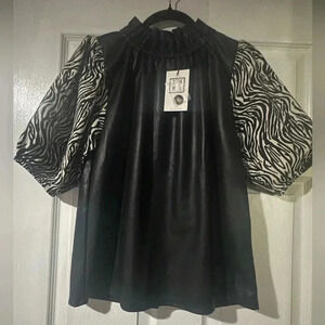 Anthropologie THML Zebra print puff sleeve, leather top!